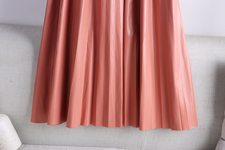 High Waist Mid-Length PU Leather Pleated Skirt for Women Solid Color