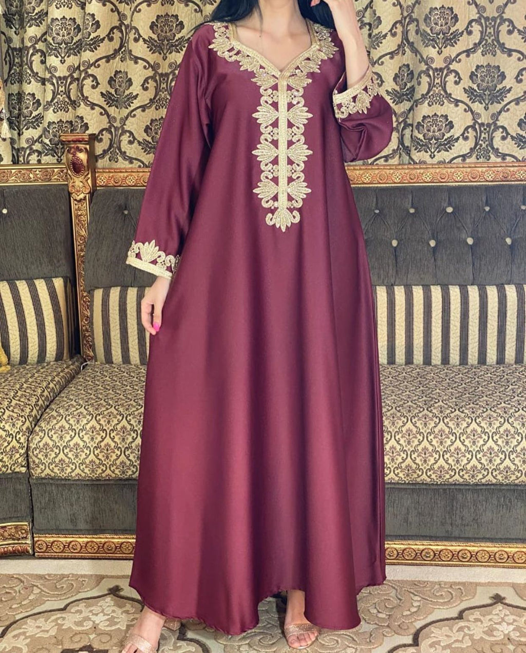 Dubai Embroidery Bronzing Lace Jalabiya Dress with Belt in Multiple Colors and Sizes