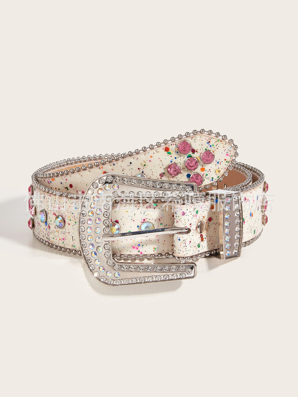 Female Sequined PU Leather Belt with Rhinestone Buckle 105cm