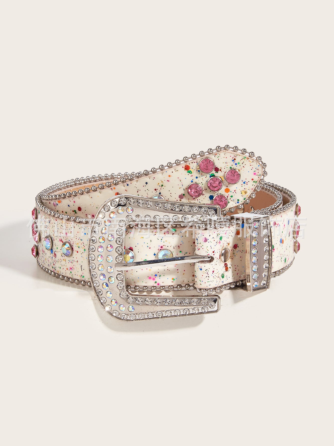 Female Sequined PU Leather Belt with Rhinestone Buckle 105cm