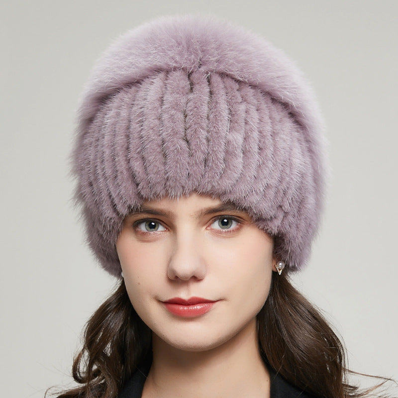 Bonnet d'hiver chaud en fourrure de renard avec strass et tricot extensible pour femme