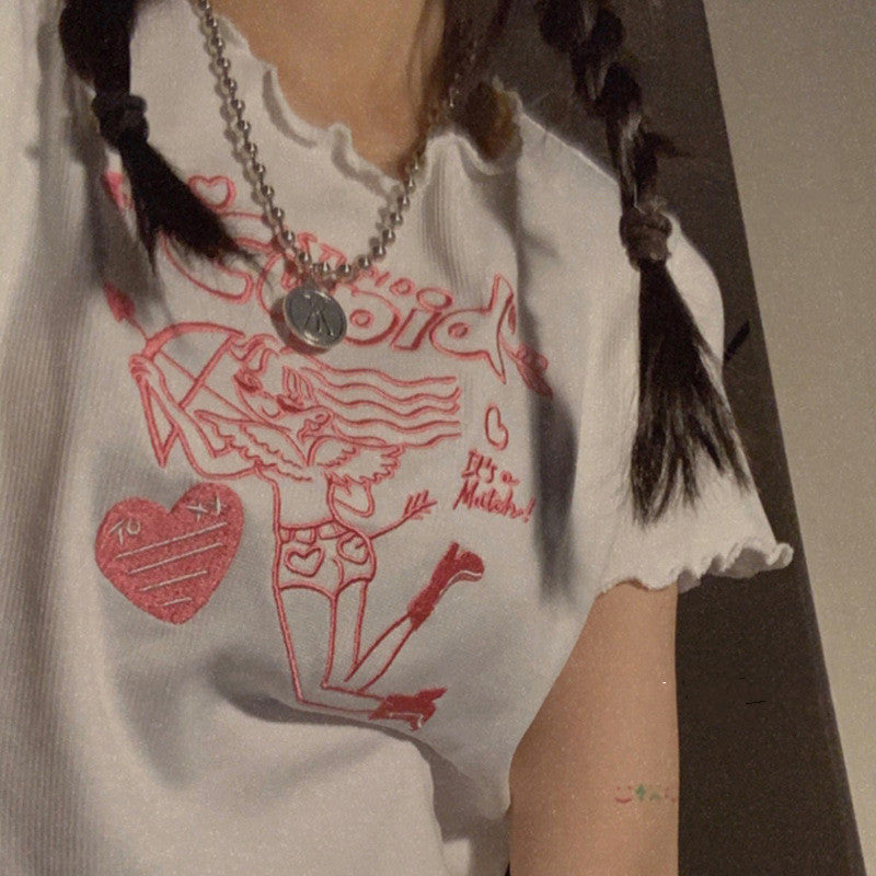 T-shirt court brodé blanc pour femme, ventre nu, en soie de lait et polyester