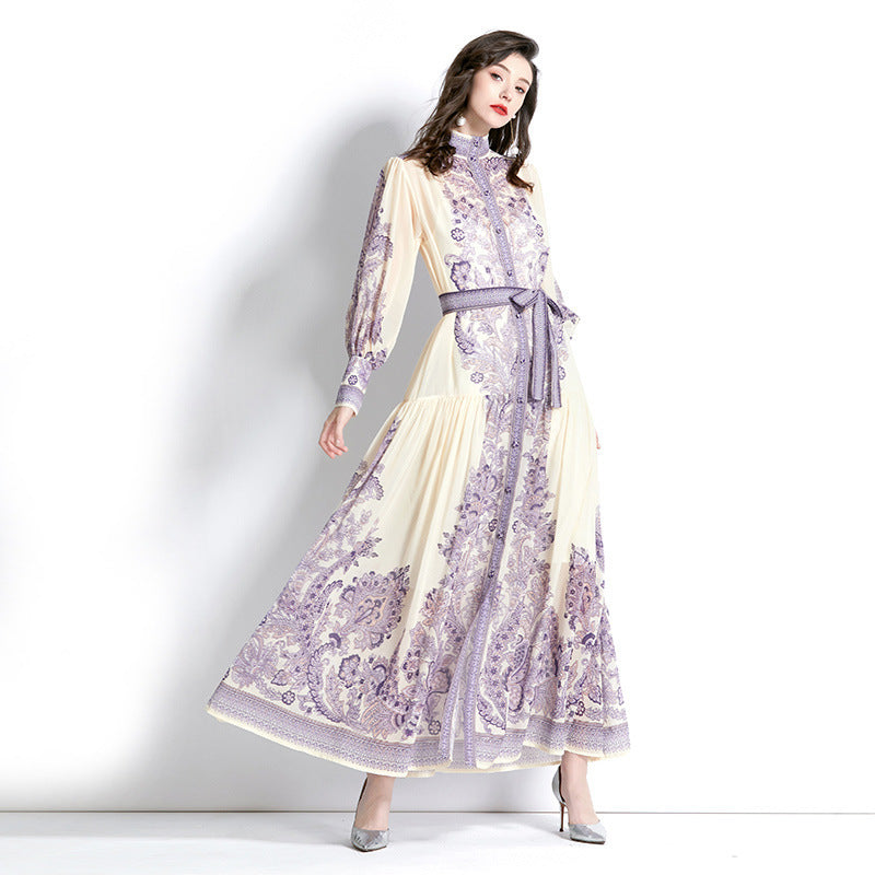 Muslim Women Long Sleeve Puff Sleeve Lace Print Dress with Stand-Up Collar