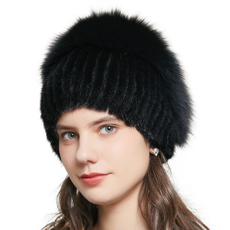 Bonnet d'hiver chaud en fourrure de renard avec strass et tricot extensible pour femme