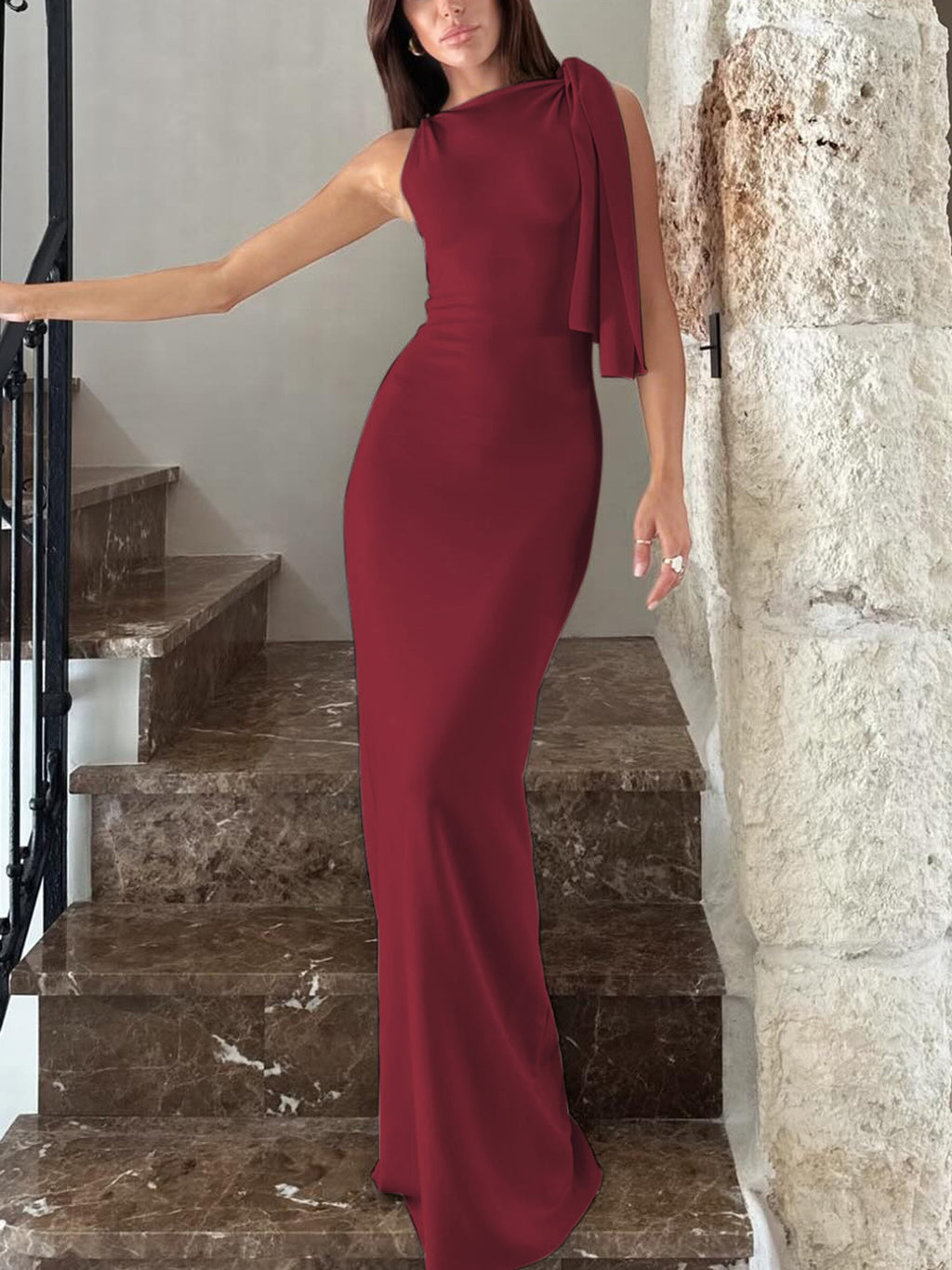 Robe longue de soirée et de club moulante sans manches à ruban et une épaule