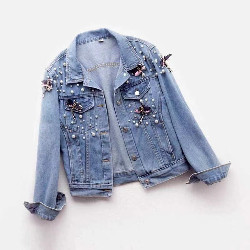 Veste en jean femme coupe slim style coréen, longueur courte, bleue