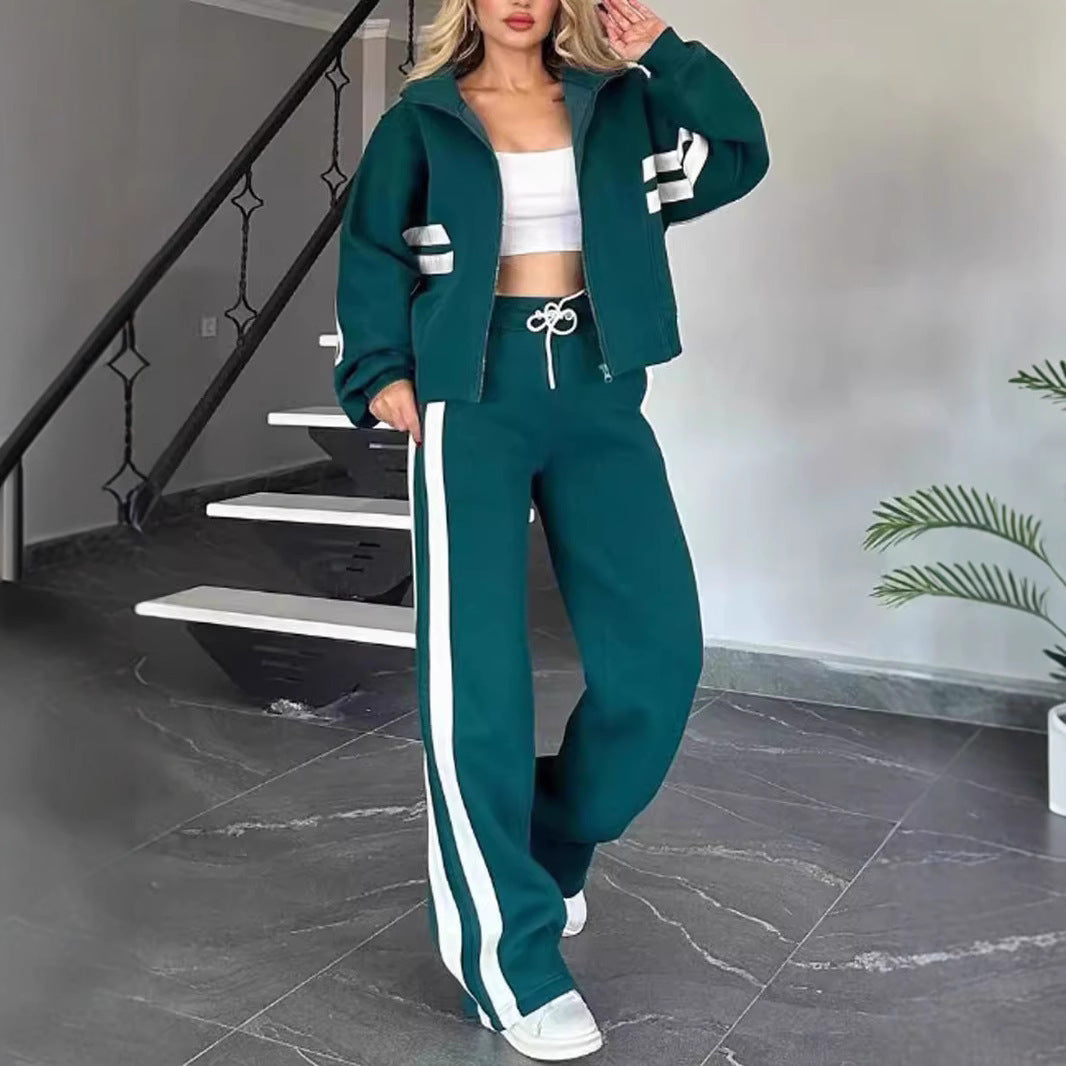 Women’s Casual Striped Zipper Coat and Trousers Set