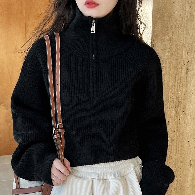 Fashion Zipper And Lapel Sweater For Women