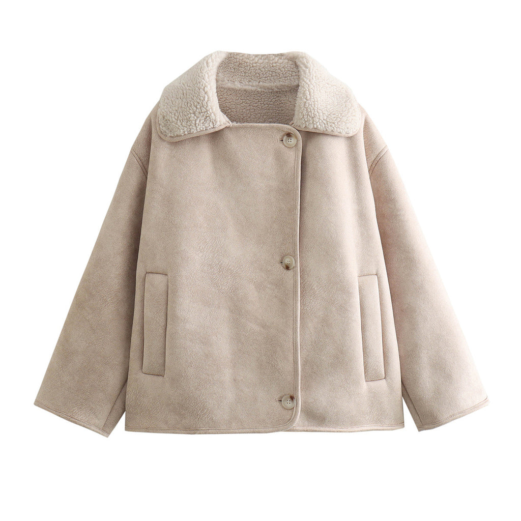 Milky White Polo Collar Suede Fleece-Lined Warm Coat for Women