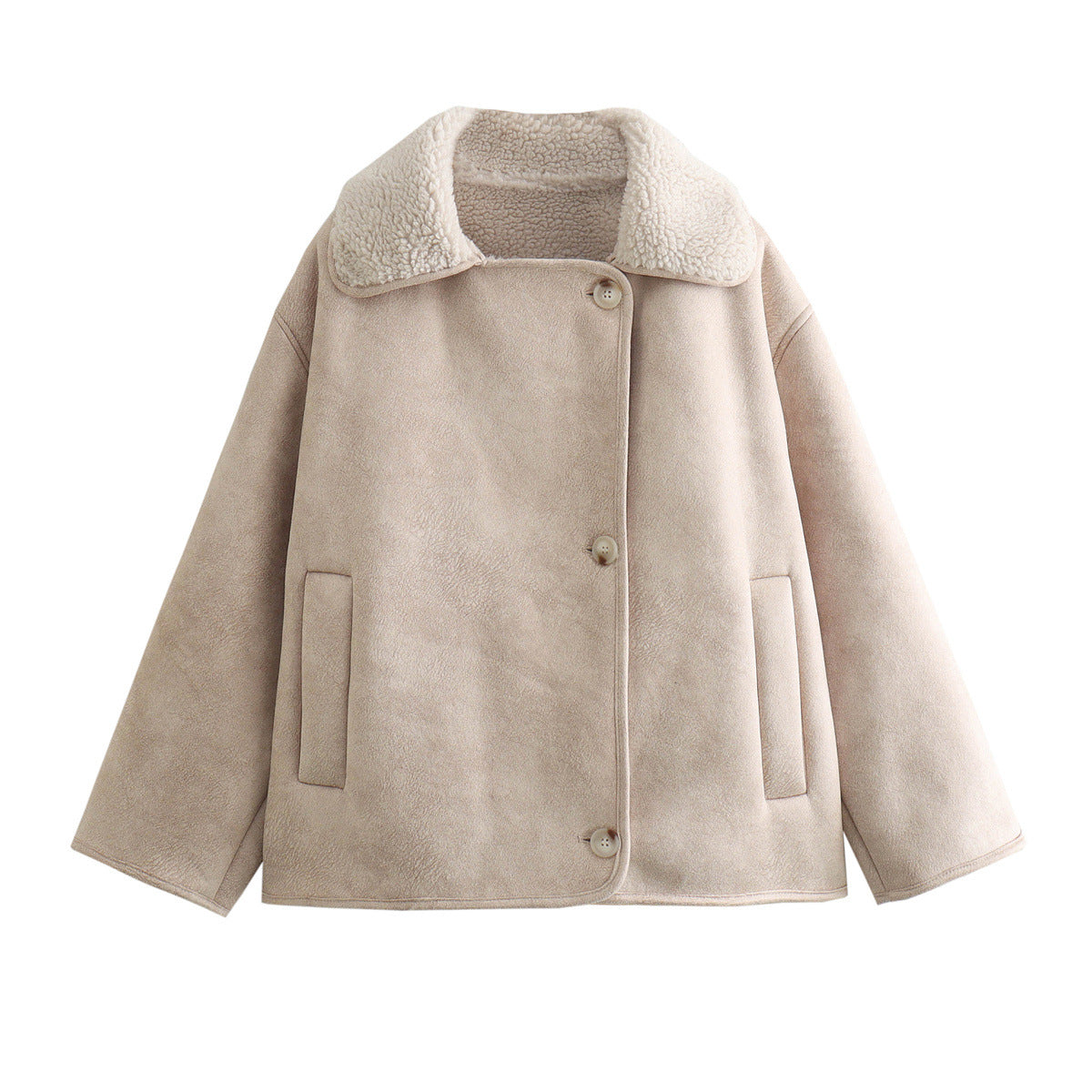 Milky White Polo Collar Suede Fleece-Lined Warm Coat for Women