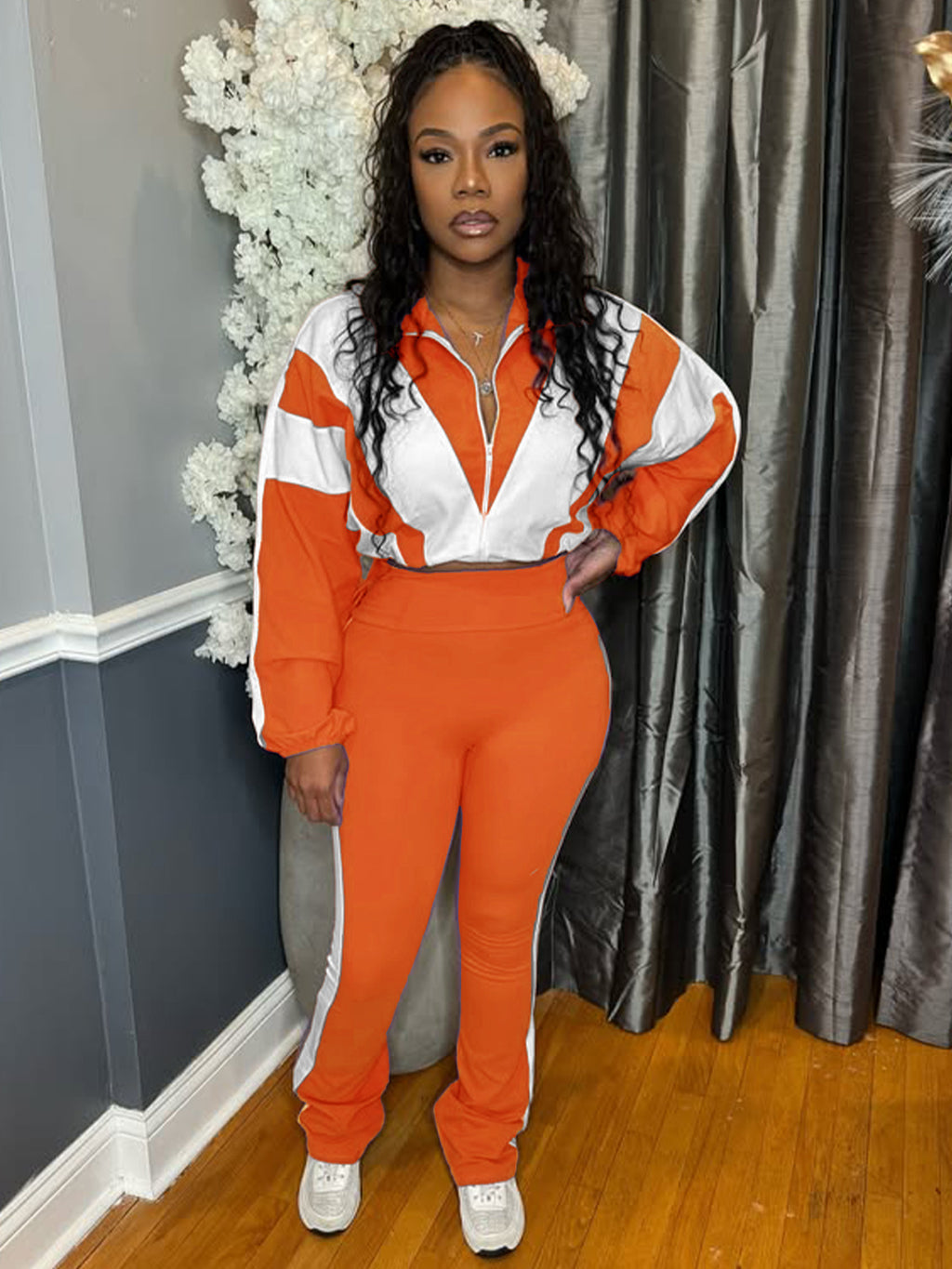 Color Block Contrast Stitching Elastic Buckle Waist Sports Casual Two-Piece Suit for Women