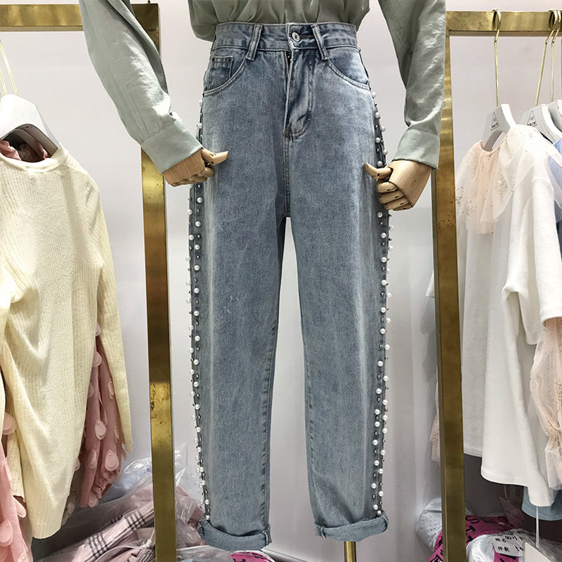Jean droit ample taille haute pour femme