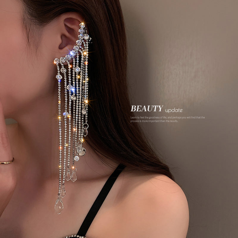 Silver Alloy Asymmetric Tassel Earrings with Diamonds and Crystal
