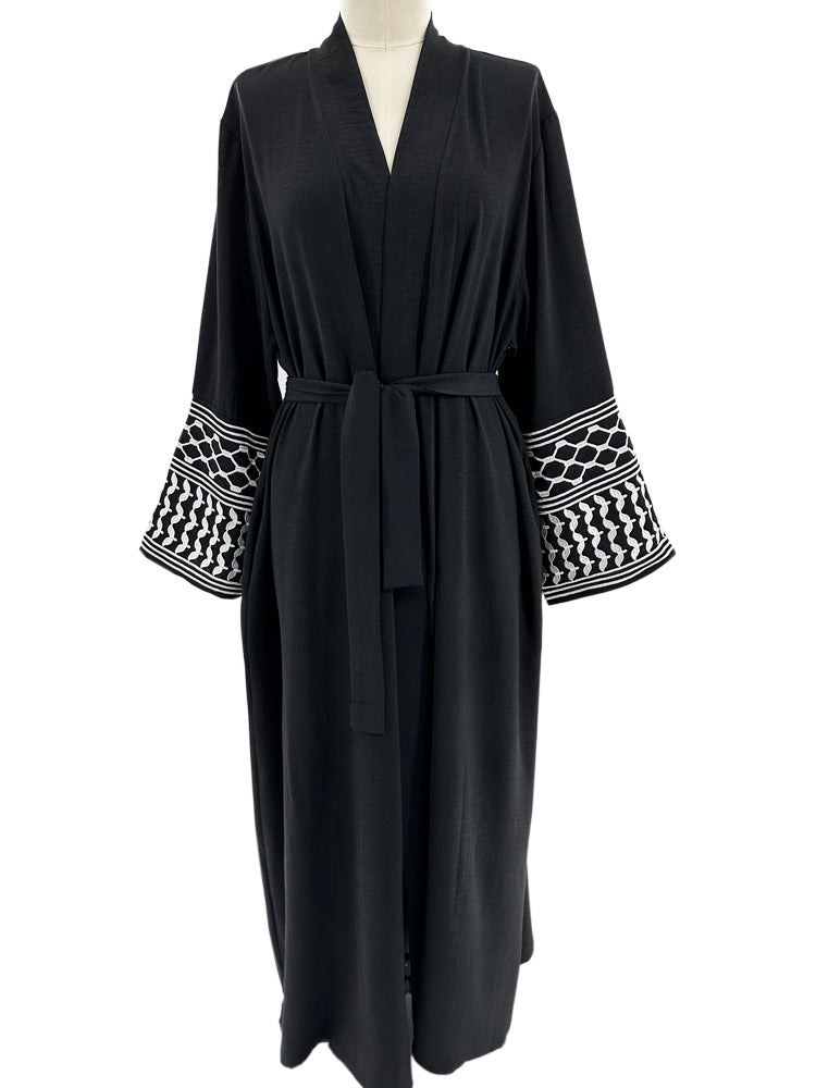 Machine Embroidery Lace-Up Pocket Cardigan Robe for Middle Eastern Women
