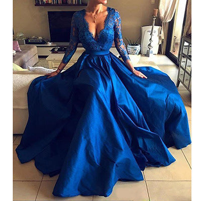 Blue Lace V-Neck Puff Sleeve Evening Dress with Large Swing Skirt