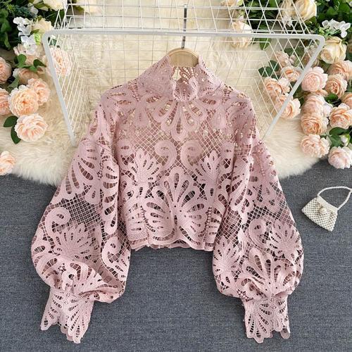 Design Sense Lace Hollow Top Stand-up Collar Puff Sleeve Loose Shirt for Thin Women
