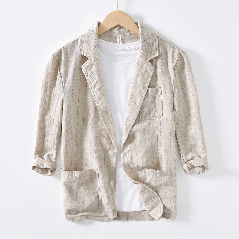 34 Sleeve Suit Jacket Men's Cotton And Linen Stripes Suit Jacket