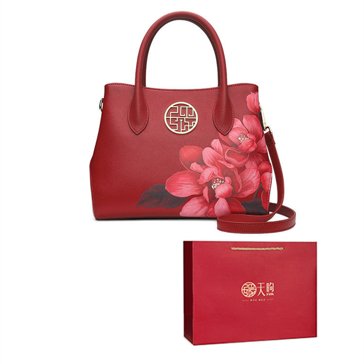 Women's Stylish Cow Leather Handbag with Floral Design and Zipper Closure