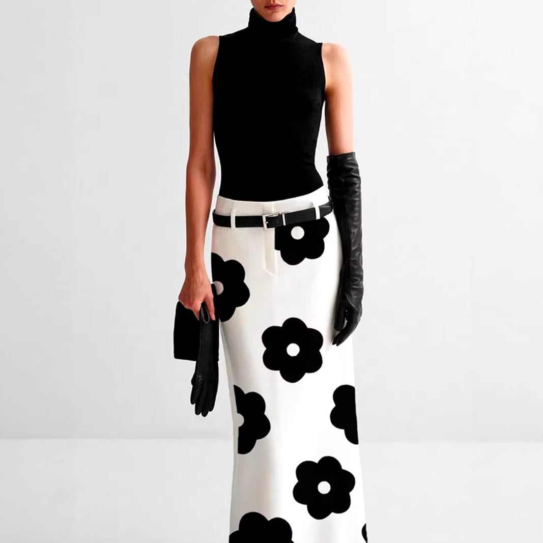 Elegant Black-and-White Printed Polyester Skirt for Women