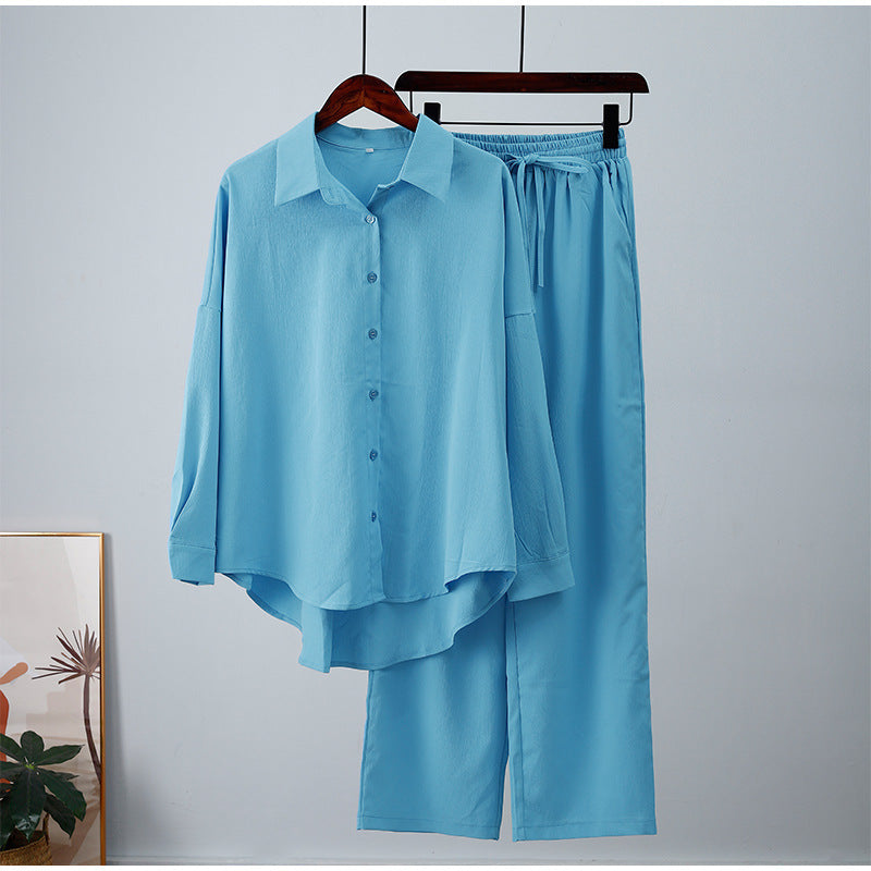 Loose Elastic Wrinkle Long-Sleeve Shirt & Wide-Leg Pants Casual Suit