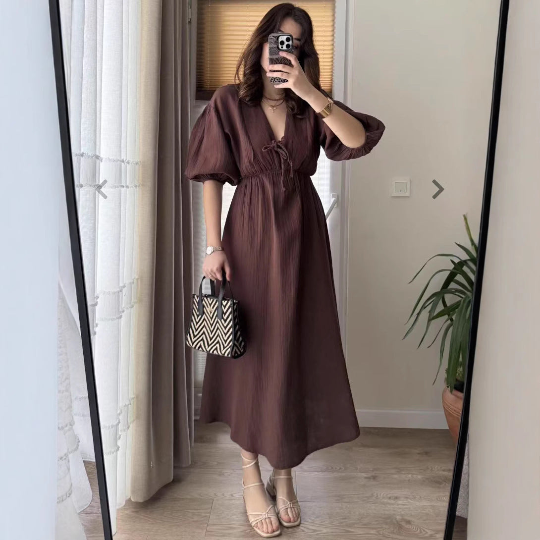 Women's Sweet V-Neck Puff Sleeve Short Dress in Multiple Colors