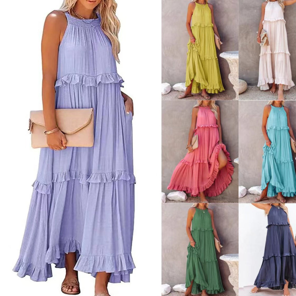 Robe longue d'été à volants, dos nu, col halter, pour femmes