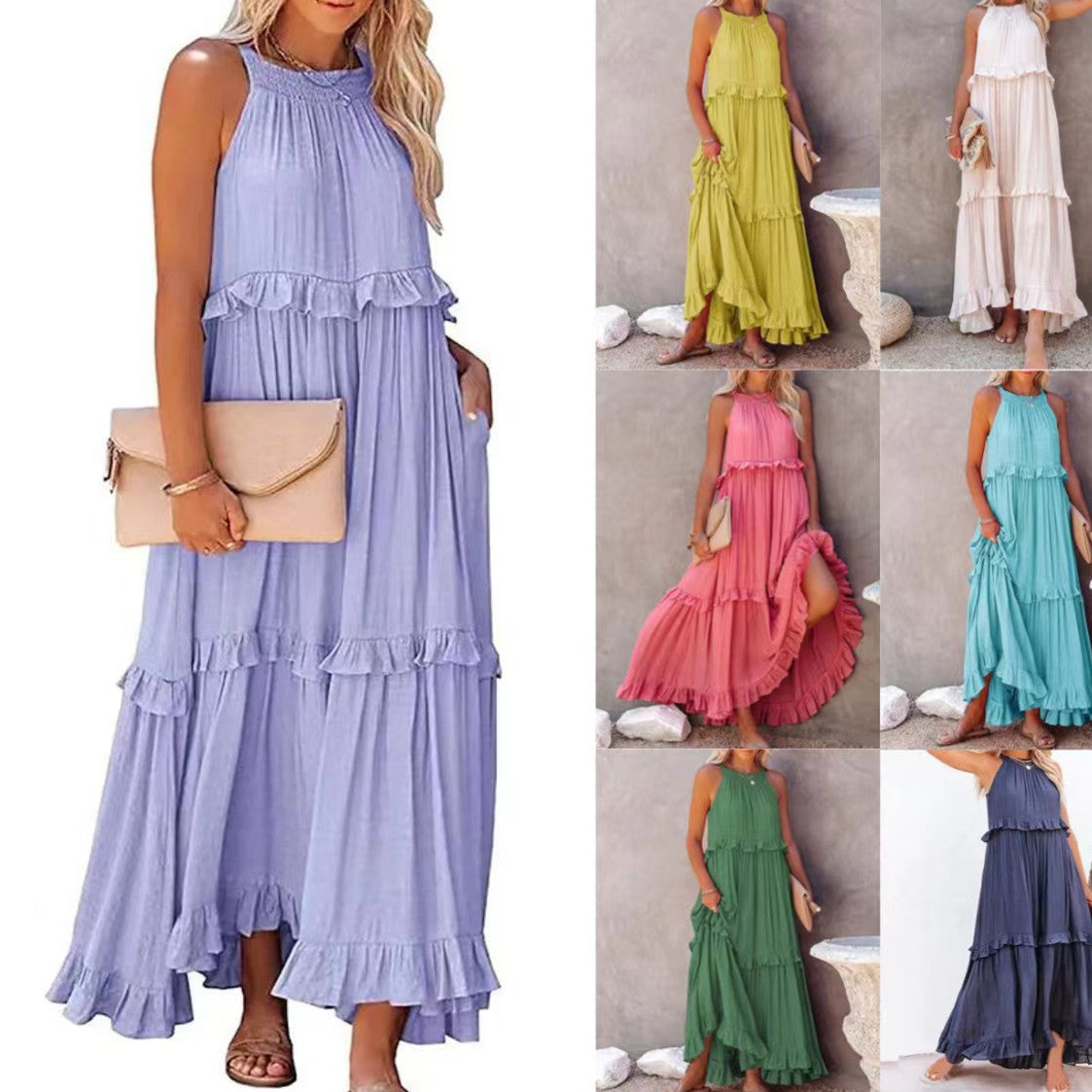 Robe longue d'été à volants, dos nu, col halter, pour femmes