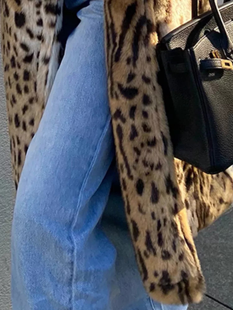 Leopard Print Faux Fur Coat for Women, Sizes S-XXXL