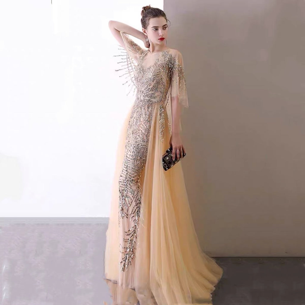 Robe de soirée perlée pour femme, dorée et bleu foncé