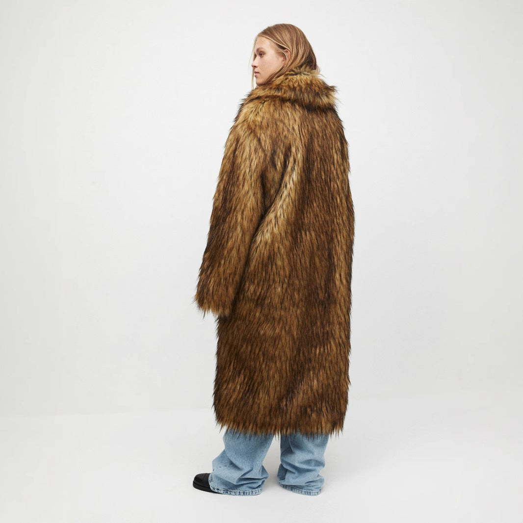 Women’s Autumn Winter Faux Fur Long Warm Wool Coat Brown Chenille
