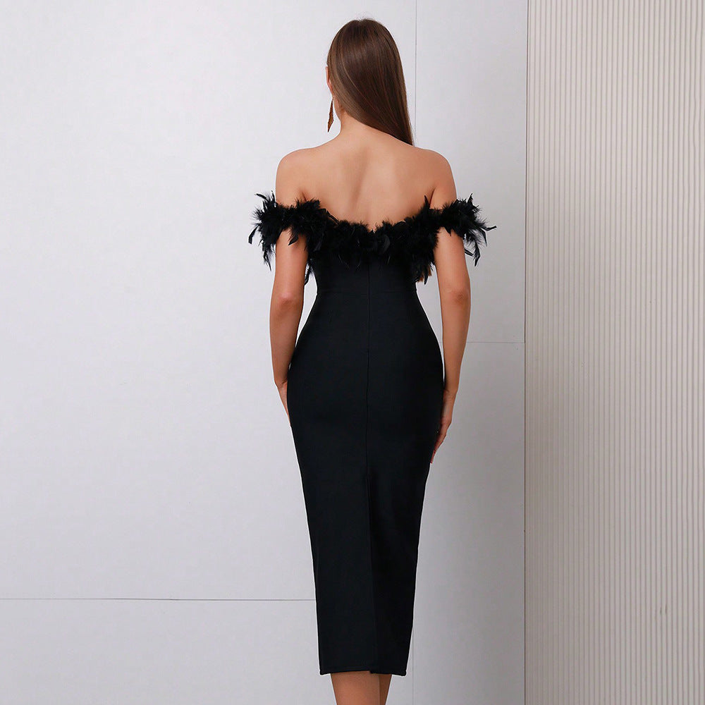 Off-Neck Feather Mid-Length Dress for Women