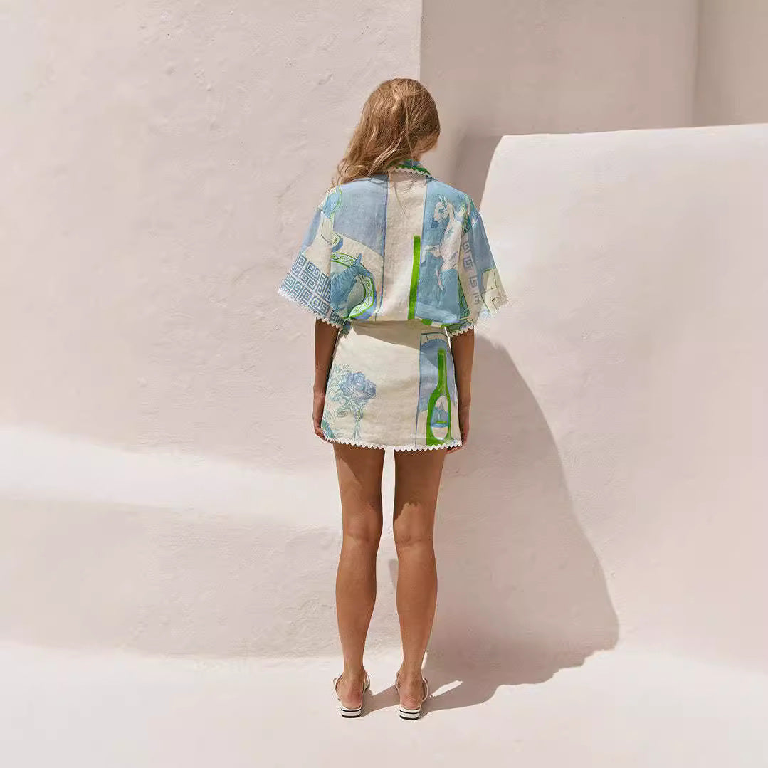 Elegant Geometric Lace Print Suit with Embossed Cotton Linen Fabric