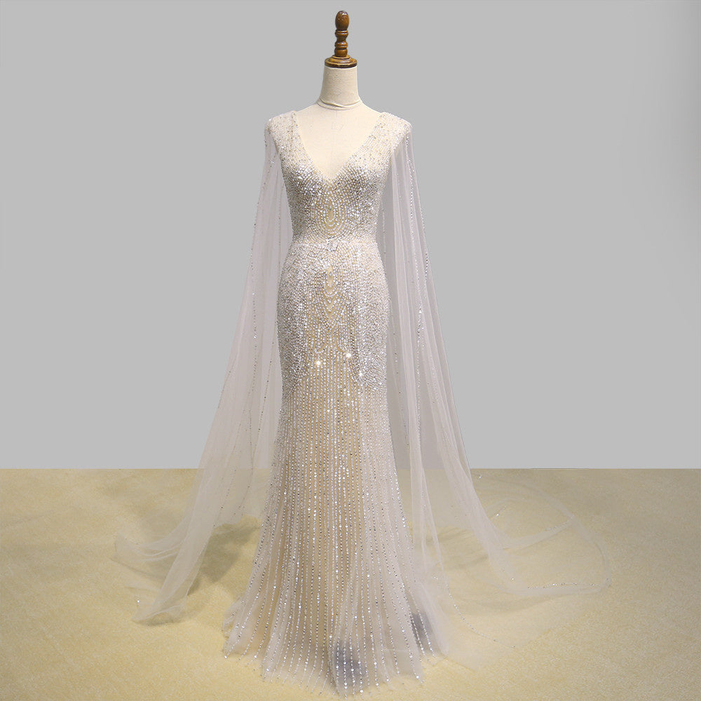 Robe de Soirée en Maille Champagne Personnalisée pour Femme avec Perles Clous