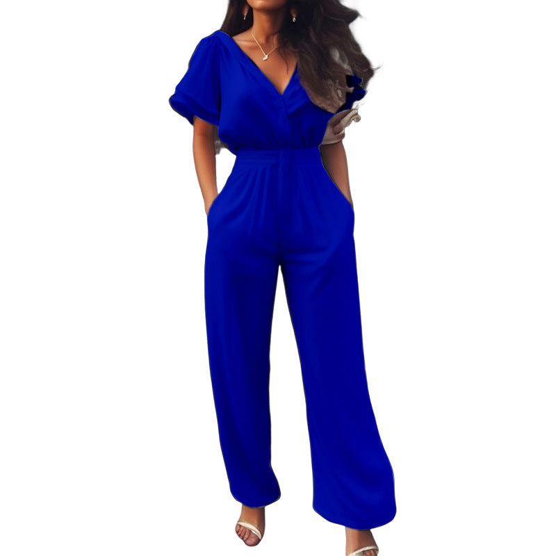 Women's Short-Sleeve V-Neck Jumpsuit in Black, White, Blue & Green