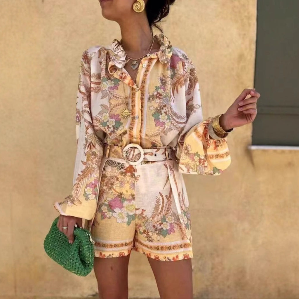 Ensemble short imprimé à col montant et manches bouffantes pour femme