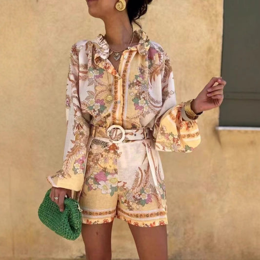 Stand-up Collar Puff Sleeve Single-placket Printed Shorts Suit