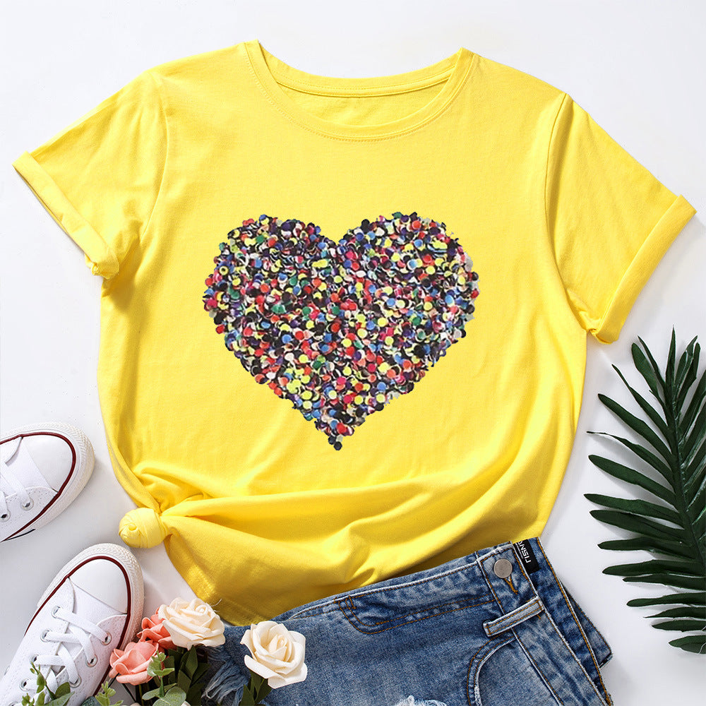 Creative Love Cotton Loose Round Neck Short Sleeve T-Shirt Women