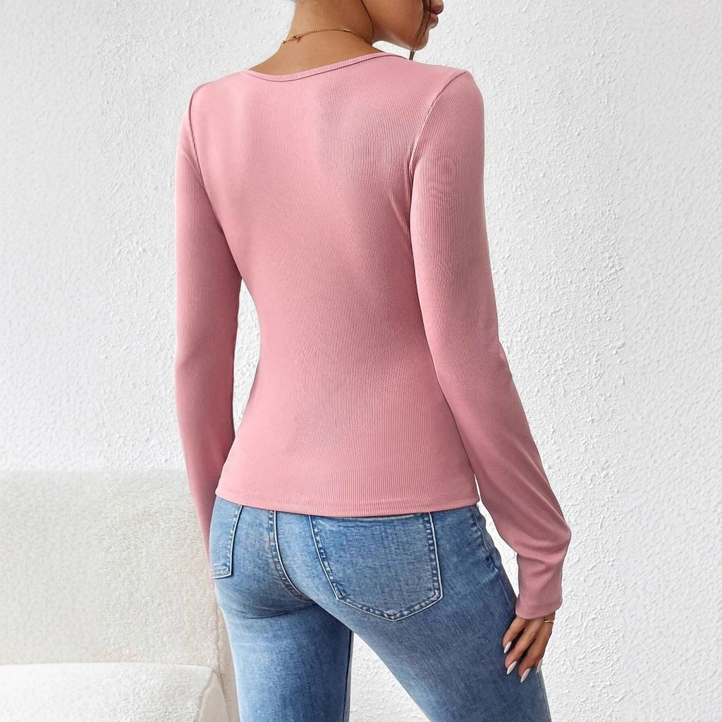 European & American Casual Slim Fit Pink Scoop Neck Knitted Top