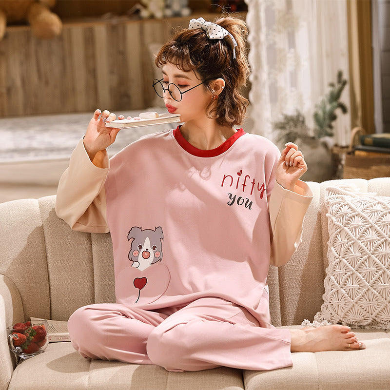 Ladies Cotton Long-Sleeve Cartoon Pajama Set for Home & Outside Wear
