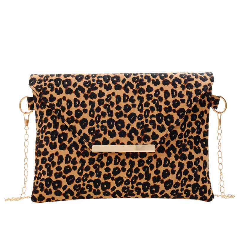 Leopard Canvas One-Shoulder Envelope Bag with Diagonal Chain Strap