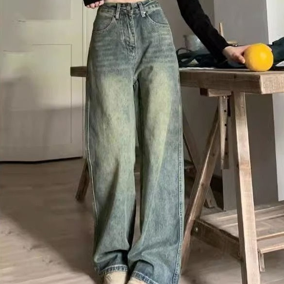 Retro Blue Washed-Out Wide Leg Denim Pants for Women - Loose, Figure Flattering, Distressed Style