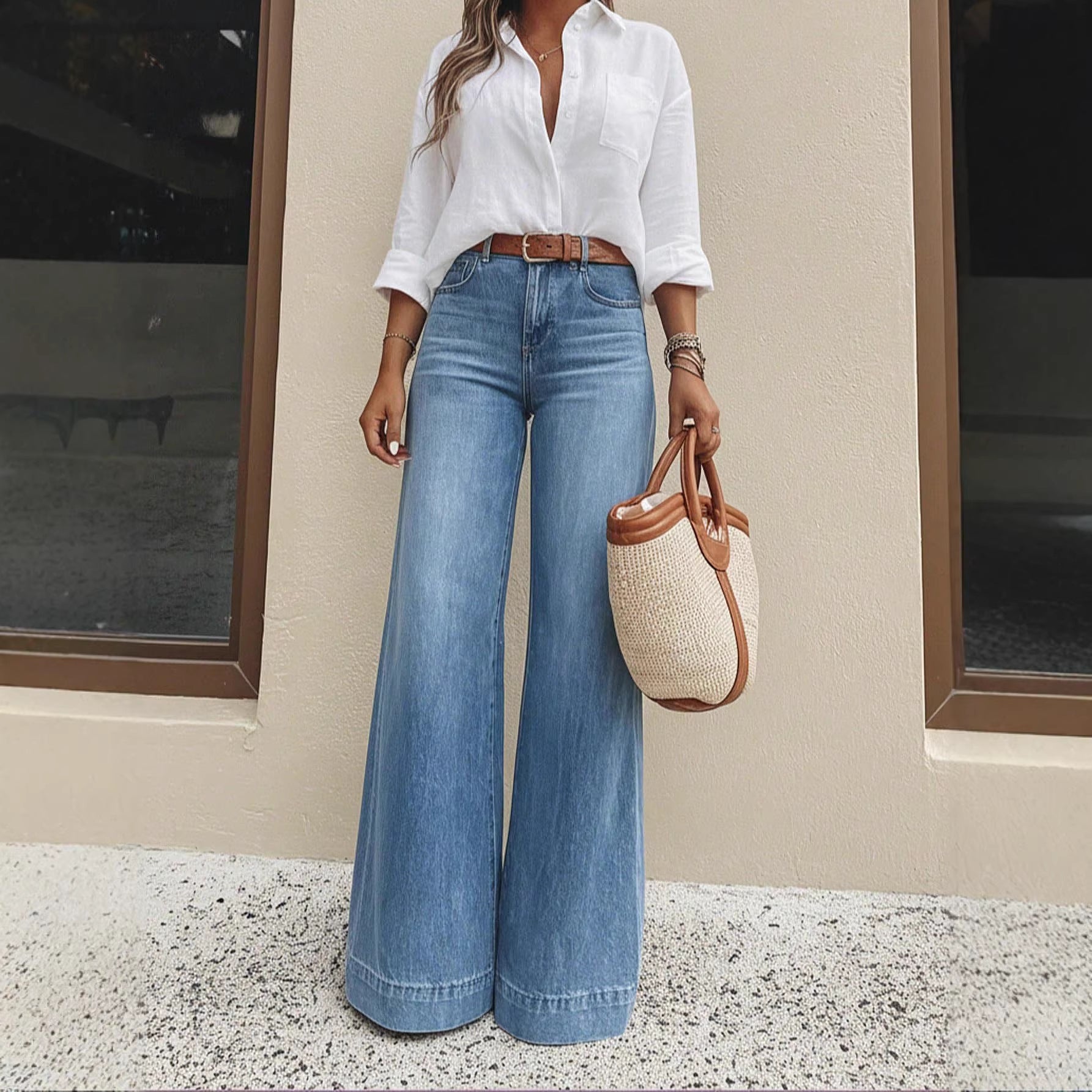 Jeans bleus en denim slim délavé vintage pour femme