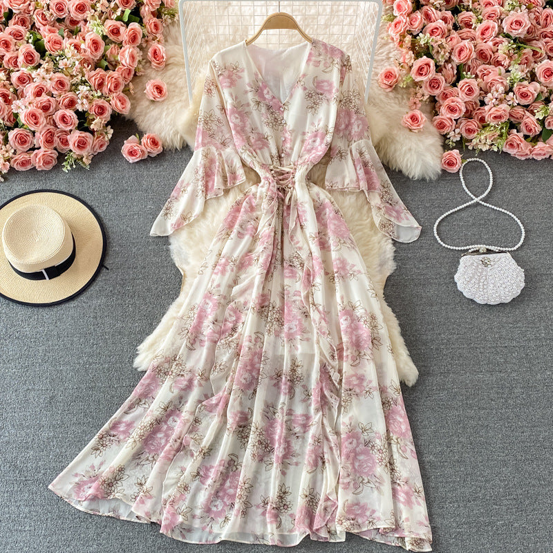 Women's V-Neck Floral Chiffon Dress One Size