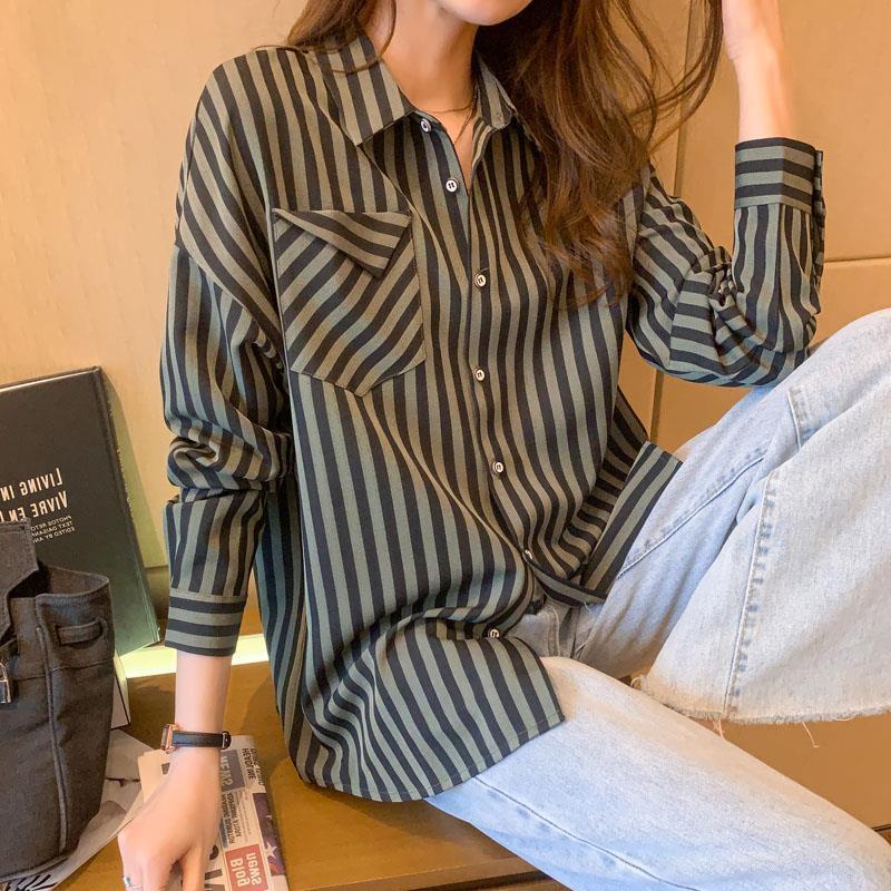 Striped Polyester Cardigan Shirt for Women – Spring & Autumn Slim Fit