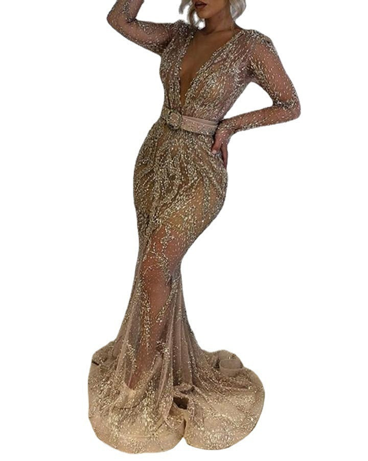 Gold Sequined Long Sleeve Swing Dress Large Banquet Party Dress