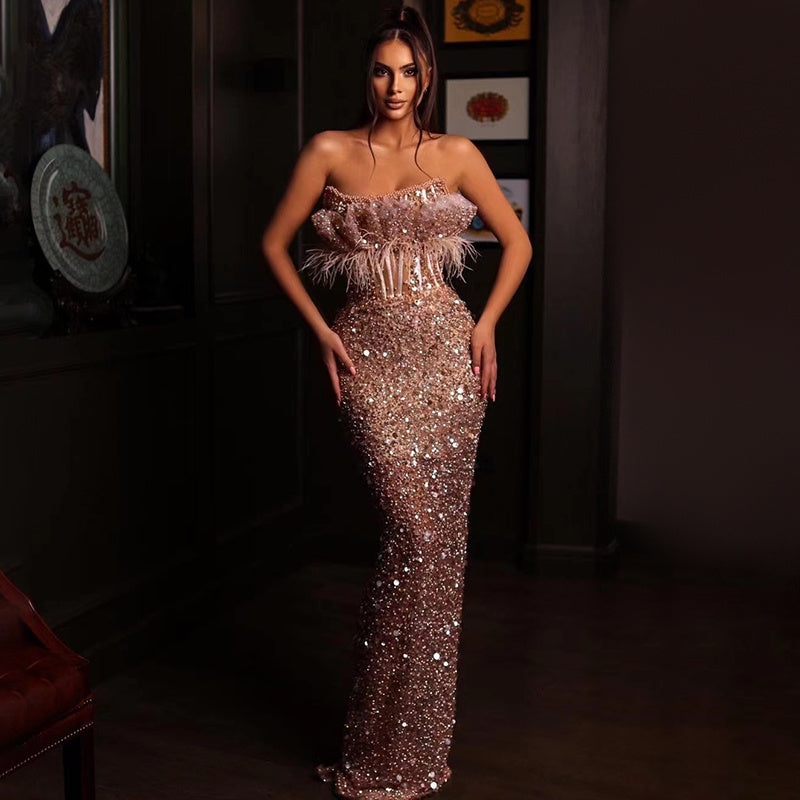 Champagne Beaded Sequined Cutout Mesh Strapless Dress