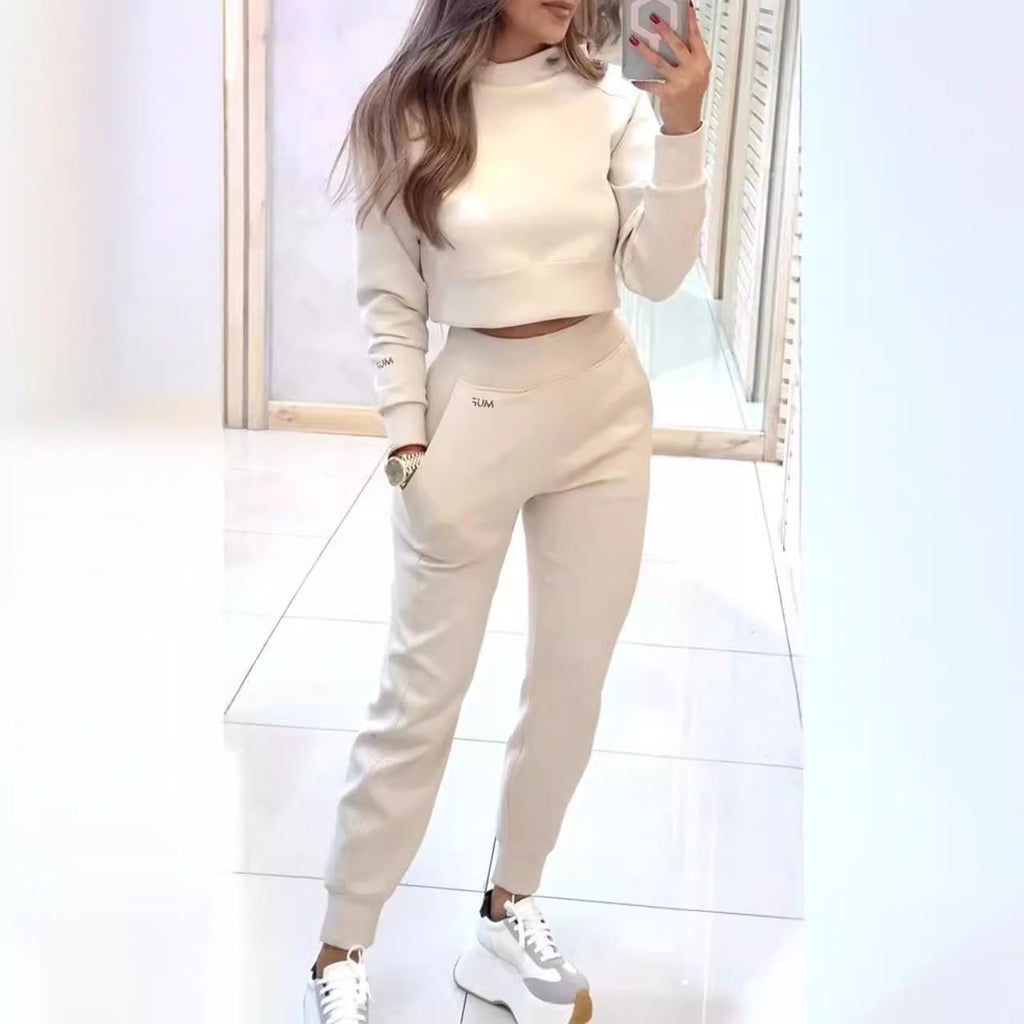 Stand Collar Pullover Long-Sleeve Top & Slim Trousers Set with Pockets