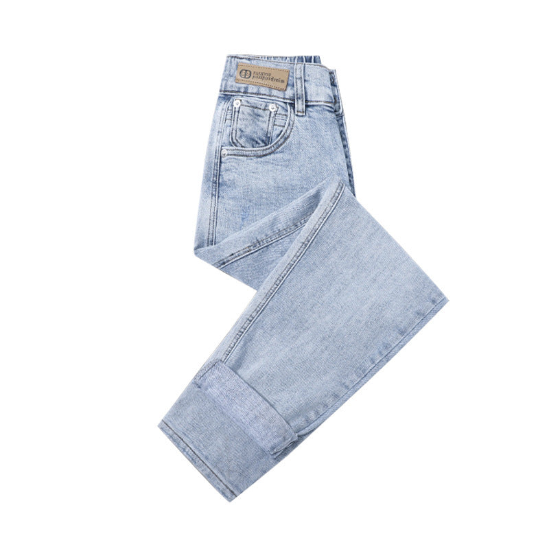 Pantalon carotte droit ample en jean bleu clair taille haute