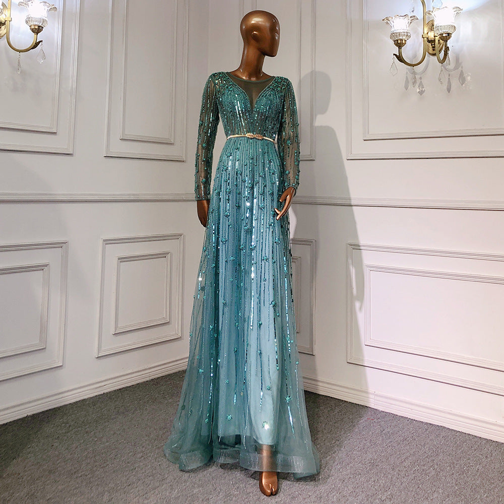 Luxury Temperament Beaded Evening Dress with V-Neck and Long Sleeves
