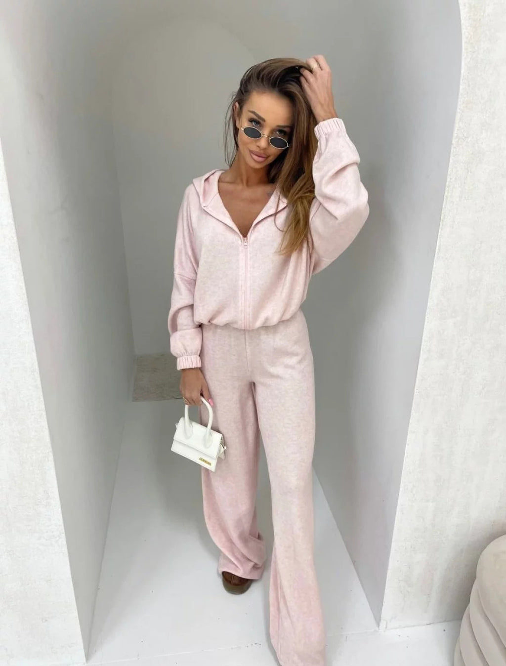 Ensemble deux pièces de pantalon élastique zippé pour femme